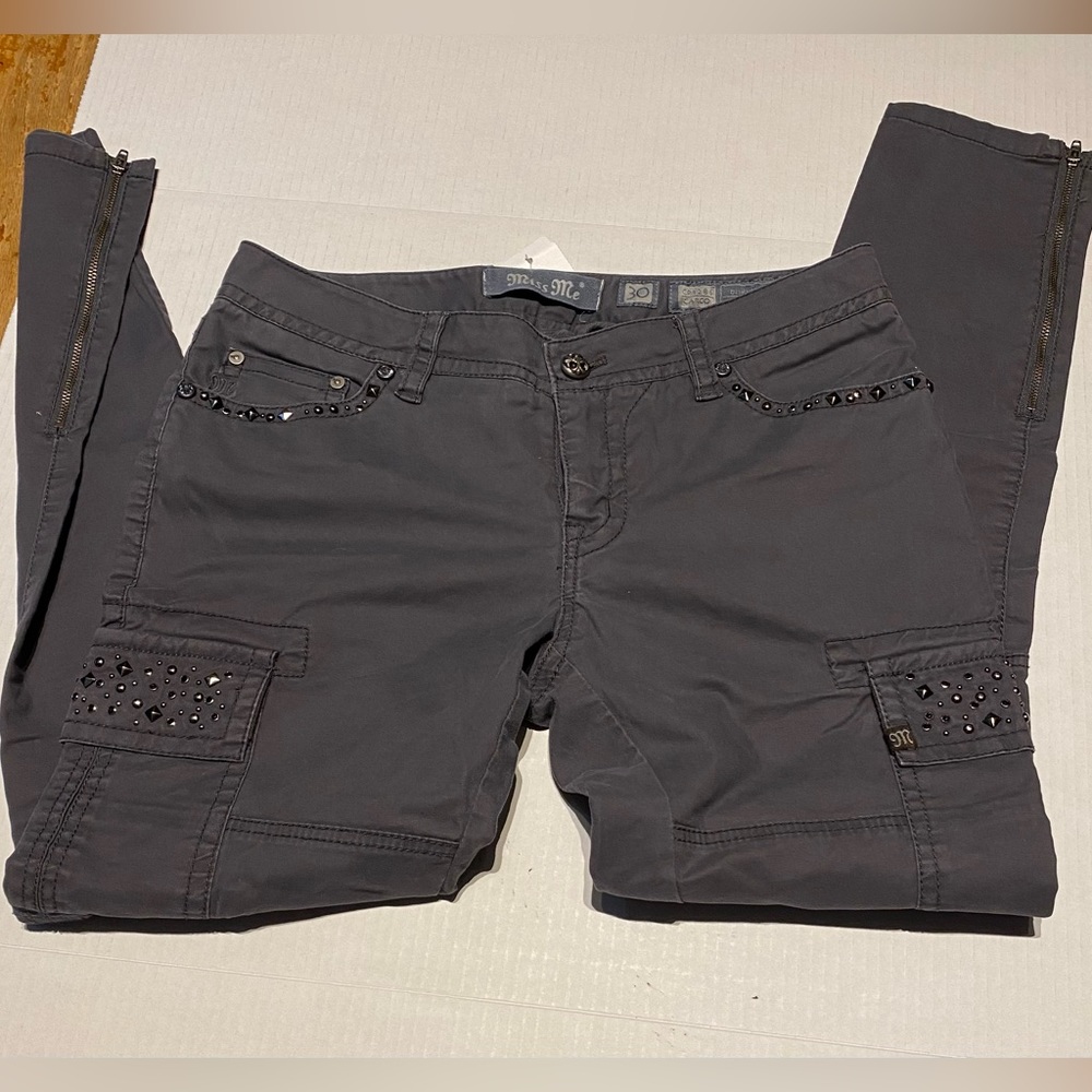 MISS ME CP1286 CARGO Gray Embellished Rhinestone Flap Pockets ANKLE ZIPPER SZ 30